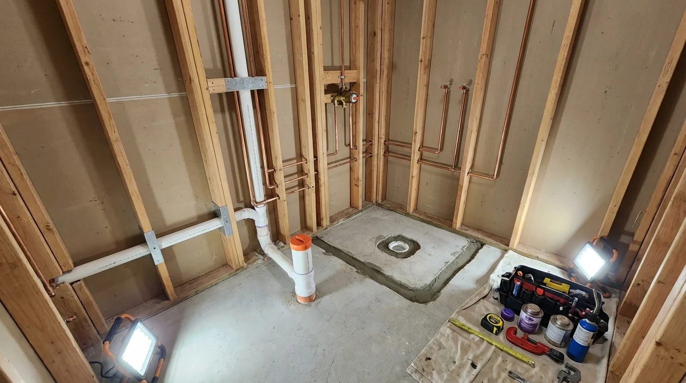 Bathroom rough-in plumbing during remodel by Johns Plumbing LLC in Greenwood
