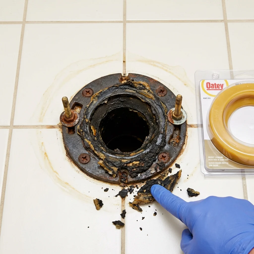 Failed wax ring showing water seepage at the base of a toilet in a Greenwood, LA home