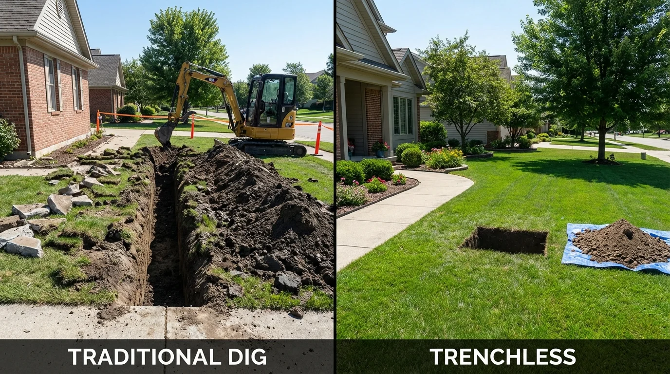 Trenchless sewer repair with minimal yard damage versus traditional excavation in Greenwood, LA